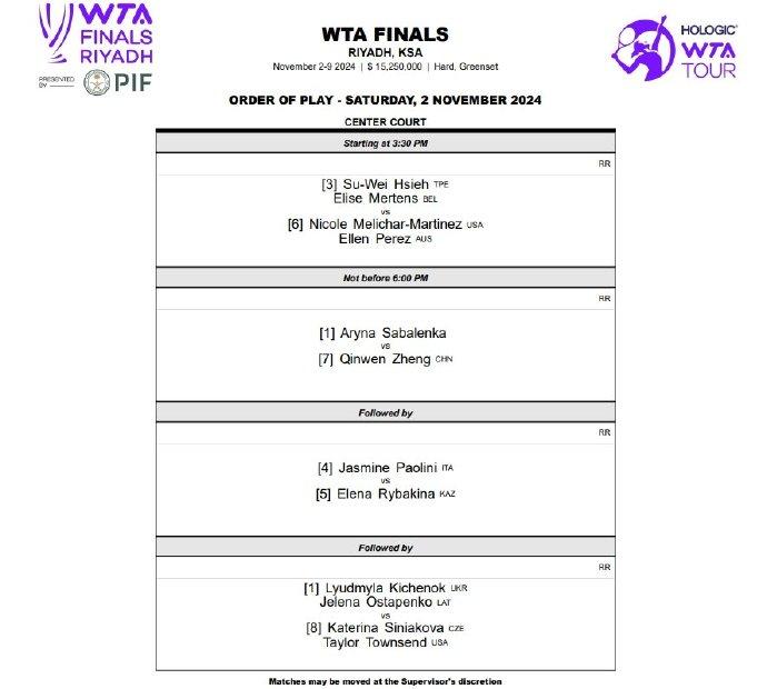 沙特利雅得揭晓2024年WTA年终总决赛分组:郑钦文